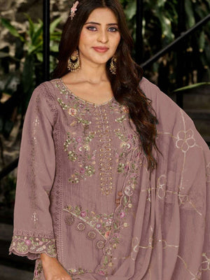 Rajwada Mauve Georgette Embellished Semi-Stitched Kurta Set For Women