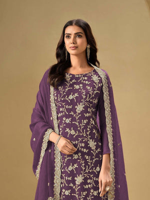 Rajwada Purple Chinon Embroidered Semi-Stitched Kurta Set For Women