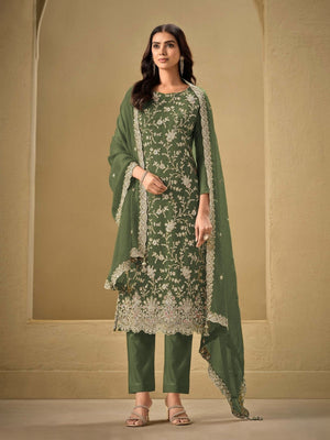 Rajwada Bottle Green Chinon Embroidered Semi-Stitched Kurta Set For Women