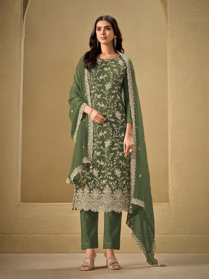 Rajwada Bottle Green Chinon Embroidered Semi-Stitched Kurta Set For Women