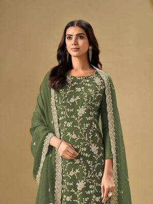 Rajwada Bottle Green Chinon Embroidered Semi-Stitched Kurta Set For Women