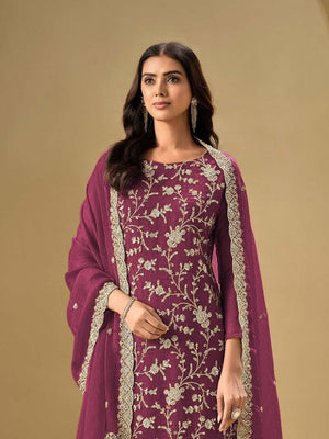Rajwada Magenta Chinon Embroidered Semi-Stitched Kurta Set For Women