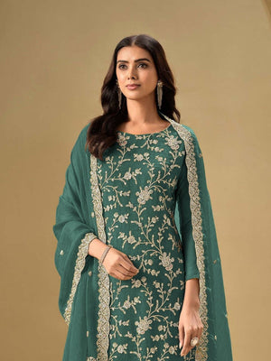 Rajwada Teal Chinon Embroidered Semi-Stitched Kurta Set For Women