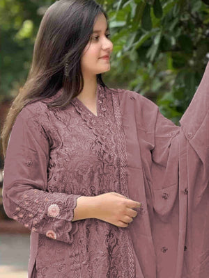 Rajwada Mauve Georgette Embroidered Semi-Stitched Kurta Set For Women