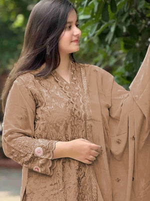 Rajwada Beige Georgette Embroidered Semi-Stitched Kurta Set For Women