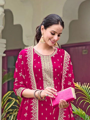Rajwada Magenta Georgette Embroidered Semi-Stitched Kurta Set For Women