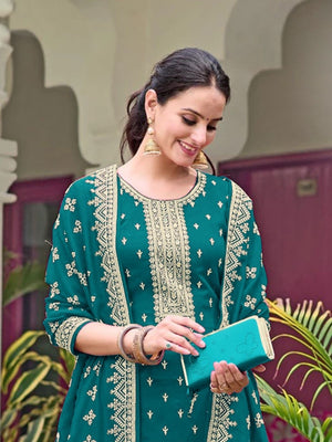 Rajwada Teal Georgette Embroidered Semi-Stitched Kurta Set For Women