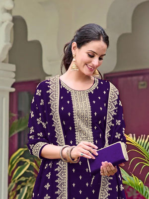 Rajwada Purple Georgette Embroidered Semi-Stitched Kurta Set For Women