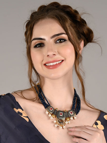Rajwada Women Traditional Multi-Strand Blue Pearl Necklace Set