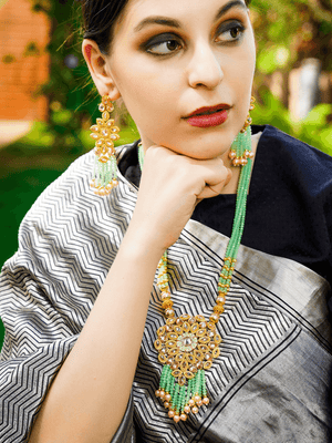 Rajwada Women Multi-Strand Light Green Onyx Necklace With Earrings