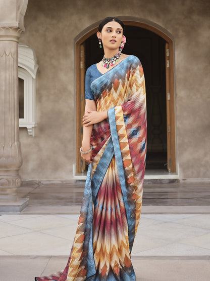 Rajwada Women Multicolor Digital Print And Sequins Embroidery Saree With Unstitched Blouse