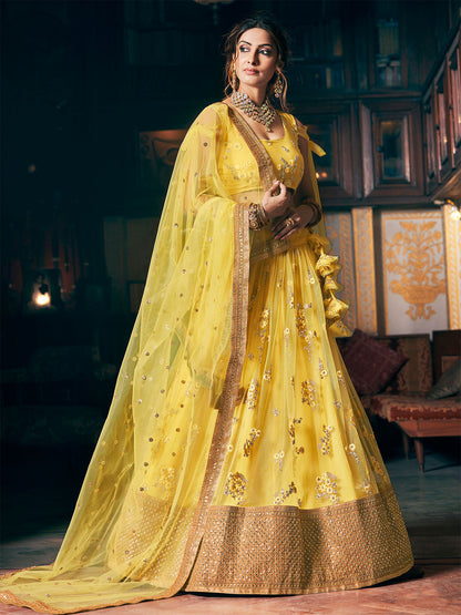 Rajwada Women's Yellow Net Semi Stitched Lehenga with Unstitched Blouse