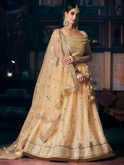 Rajwada Women's Beige Net Semi Stitched Lehenga with Unstitched Blouse