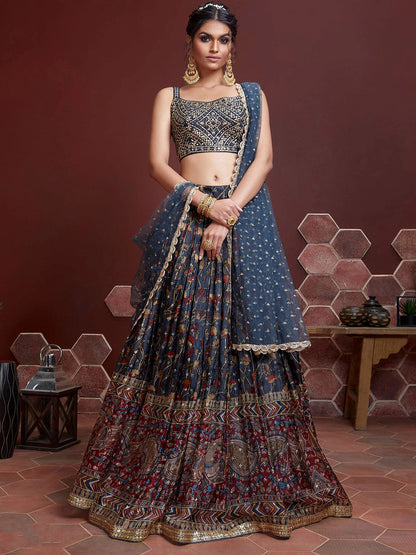 Rajwada Women's Blue Chinon Silk Semi Stitched Lehenga with Unstitched Blouse