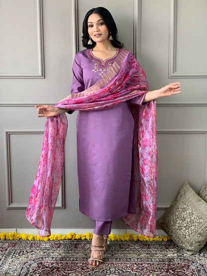 Rajwada Purple Viscose Embroidered Stitched Kurta Set For Women