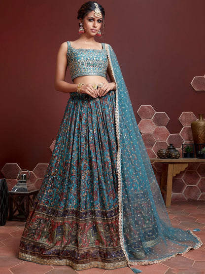 Rajwada Women's Blue Silk Blend Semi Stitched Lehenga with Unstitched Blouse