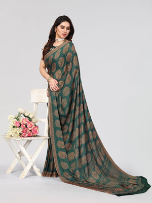 Rajwada Partywear Dark Green Printed Moss Chiffon Saree with Unstitched Blouse for Women