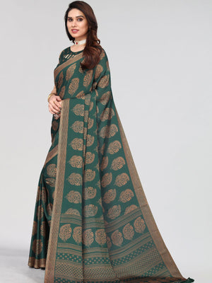 Rajwada Partywear Dark Green Printed Moss Chiffon Saree with Unstitched Blouse for Women