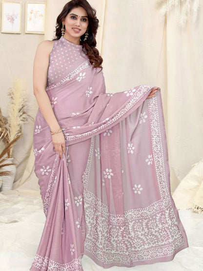 Rajwada Partywear levender Printed Chinon Chiffon Saree with Unstitched Blouse for Women