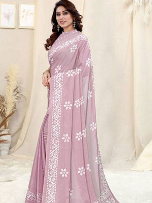 Rajwada Partywear levender Printed Chinon Chiffon Saree with Unstitched Blouse for Women