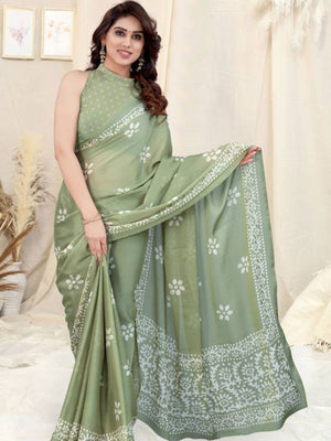 Rajwada Partywear Light Green Printed Chinon Chiffon Saree with Unstitched Blouse for Women
