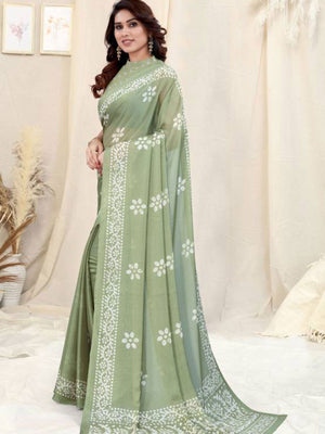 Rajwada Partywear Light Green Printed Chinon Chiffon Saree with Unstitched Blouse for Women