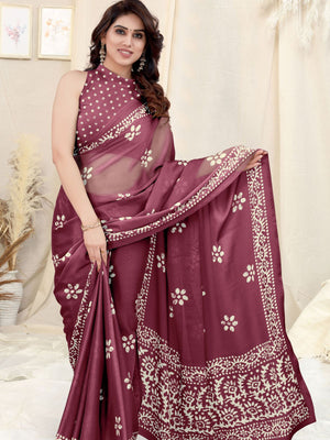 Rajwada Partywear Magenta Printed Chinon Chiffon Saree with Unstitched Blouse for Women