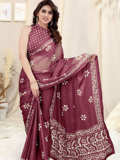 Rajwada Partywear Magenta Printed Chinon Chiffon Saree with Unstitched Blouse for Women