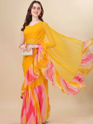 Rajwada Designer Yellow Printed Ruffle Saree with Unstitched Blouse for Women