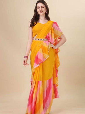Rajwada Designer Yellow Printed Ruffle Saree with Unstitched Blouse for Women