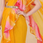 Rajwada Designer Yellow Printed Ruffle Saree with Unstitched Blouse for Women