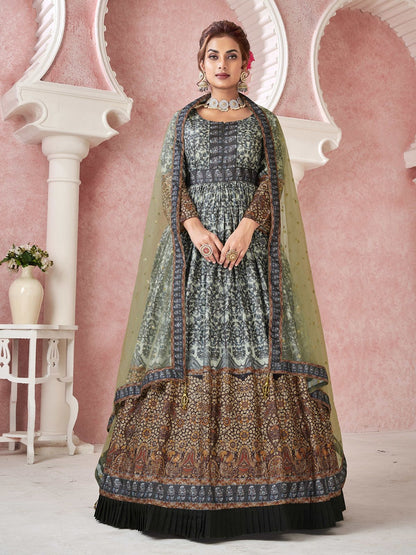 Rajwada Light Green Silk Blend Printed  Gown with Dupatta For Women
