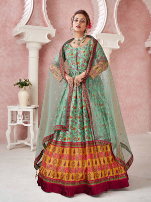 Rajwada Sea Green Silk Blend Printed Gown with Dupatta For Women