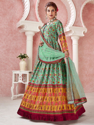 Rajwada Sea Green Silk Blend Printed Gown with Dupatta For Women