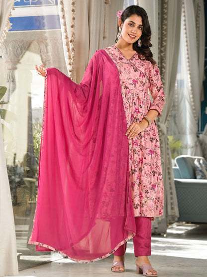 Rajwada Pink Printed Silk Blend Stitched Kurta Set For Women