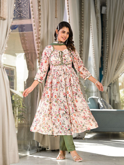 Rajwada Cream  Printed Georgette Stitched Kurta Set For Women