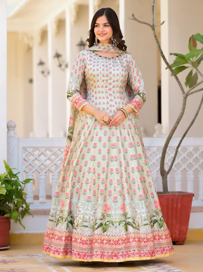 Rajwada Light Green Silk Blend Printed Stitched Gown For Women