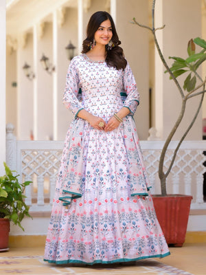 Rajwada White Silk Blend Printed Stitched Gown For Women
