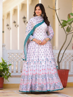Rajwada White Silk Blend Printed Stitched Gown For Women