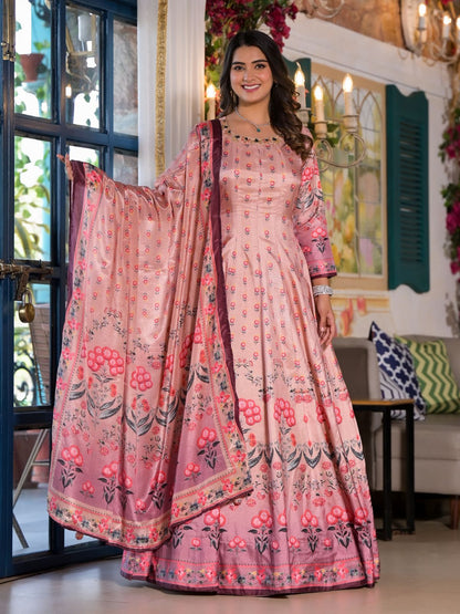Rajwada Pink Silk Blend Printed Stitched Gown For Women