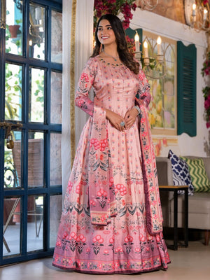 Rajwada Pink Silk Blend Printed Stitched Gown For Women