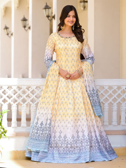 Rajwada Yellow Silk Blend Printed Stitched Gown For Women
