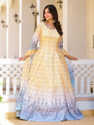 Rajwada Yellow Silk Blend Printed Stitched Gown For Women