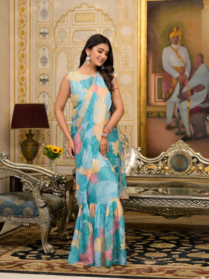 Rajwada Blue Printed Georgette Ready To Wear Saree For Women