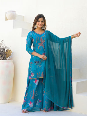 Rajwada Blue Georgette Embellished Stiched Kurta Set For Women