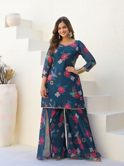 Rajwada Teal Blue Georgette Embellished Stiched Kurta Set For Women
