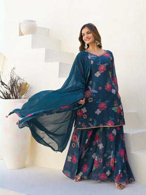 Rajwada Teal Blue Georgette Embellished Stiched Kurta Set For Women