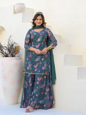 Rajwada Teal Green Georgette Embellished Stiched Kurta Set For Women