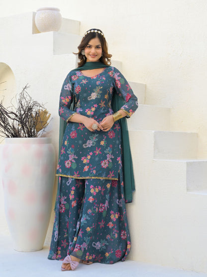 Rajwada Teal Green Georgette Embellished Stiched Kurta Set For Women