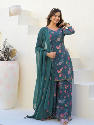 Rajwada Teal Green Georgette Embellished Stiched Kurta Set For Women